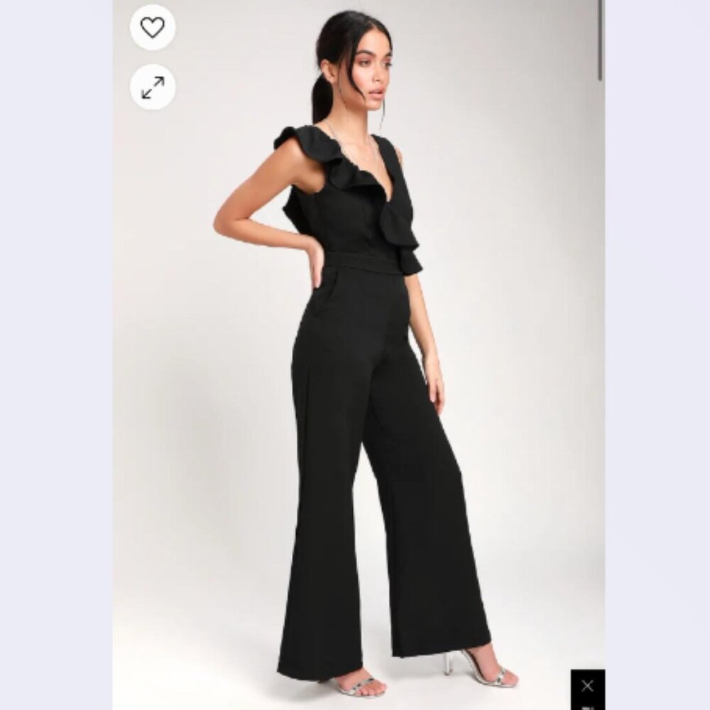 LuLu's Sure to Be Seen Black Sleeveless Ruffled Jumpsuit (Women Size SMALL)